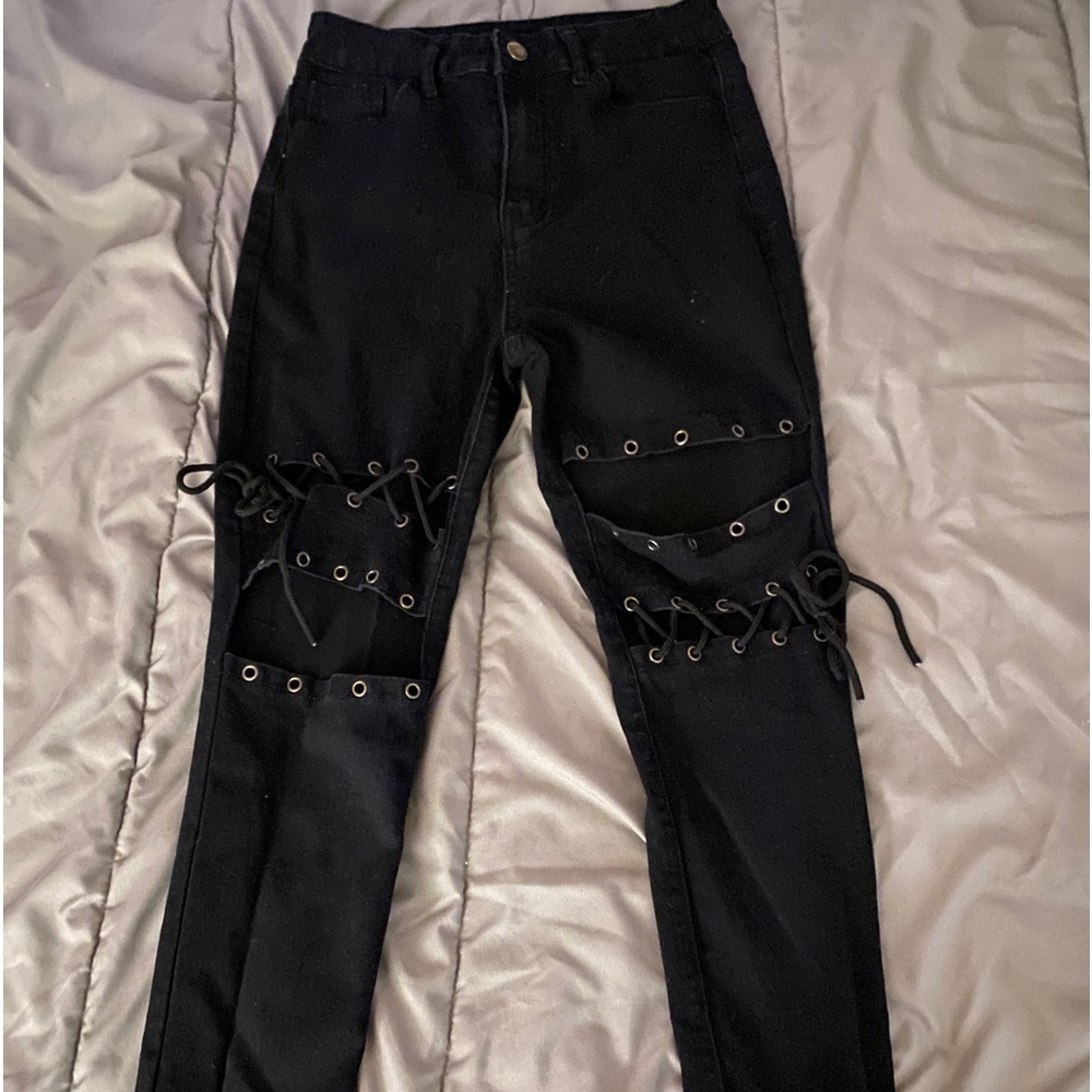 Black lace-up leg jeans